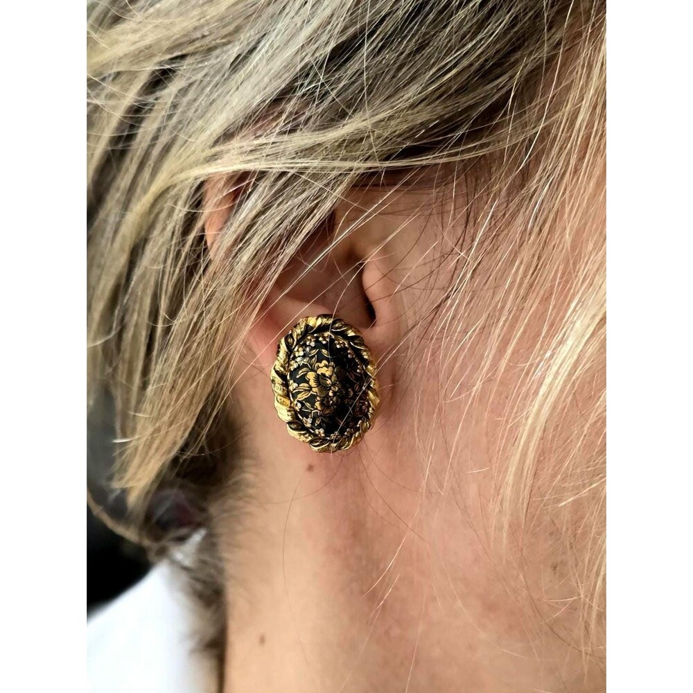 Vintage Gold-toned Black Floral clip-on earrings Japan ear clips Victorian vibes